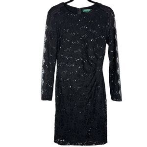 Ralph Lauren Black Floral lace sequin long sleeve dress Ruched side Size 8